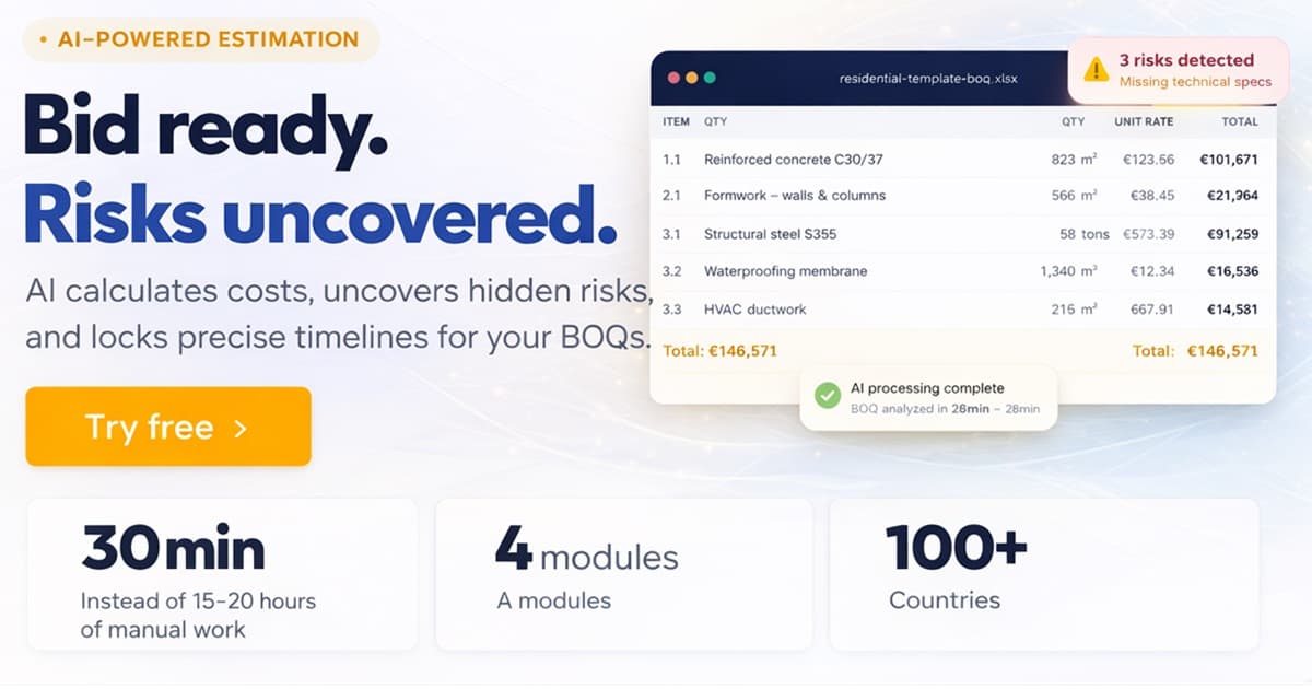 Digital construction estimating workflow with AI analyzing blueprints and quantities