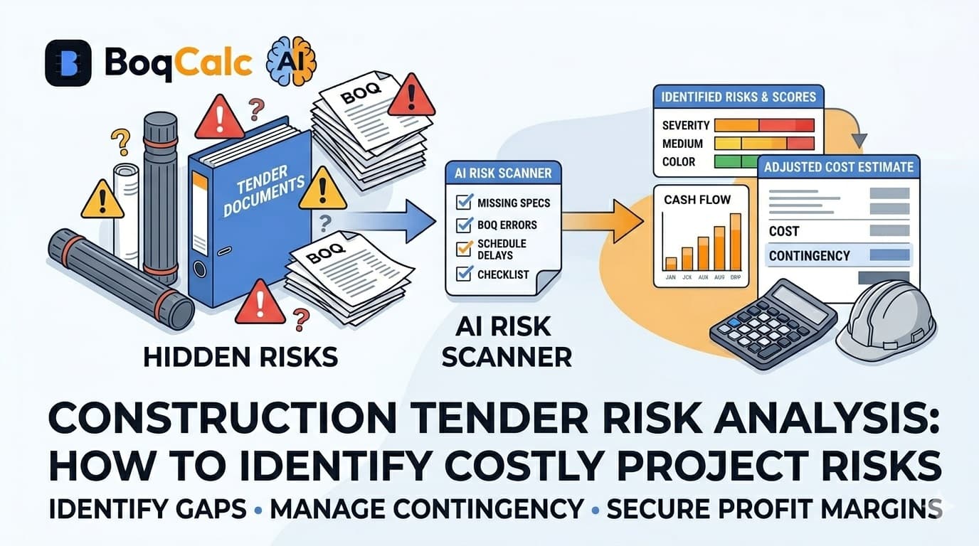 Contractor reviewing construction tender documents and blueprints with risk-flag icons highlighting hidden project cost risks