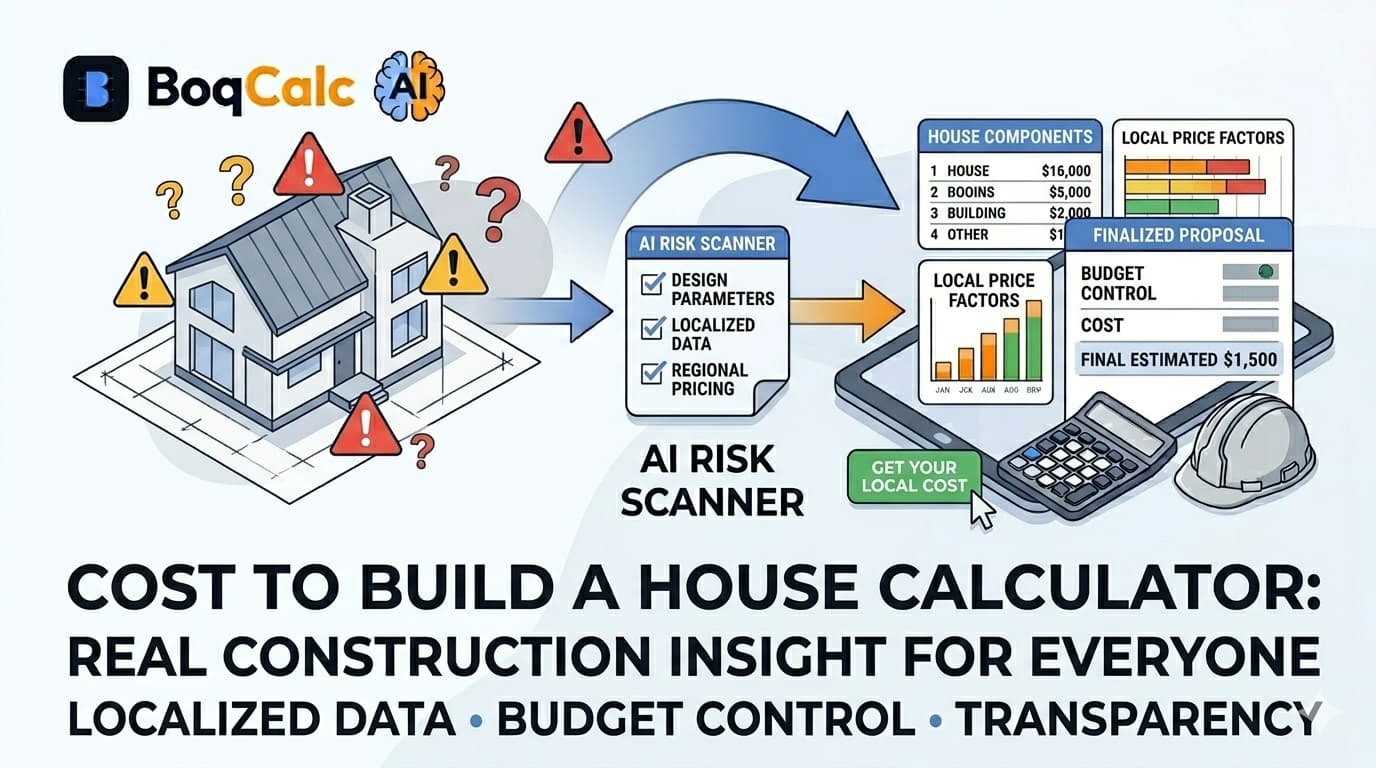 Cost to build a house calculator interface showing real construction cost estimation with local pricing, laptop, house model and construction tools.